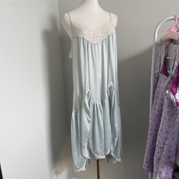 Vintage satin lace slip dress pastel blue babydoll nightgown coquette fairy XL - Picture 5 of 13
